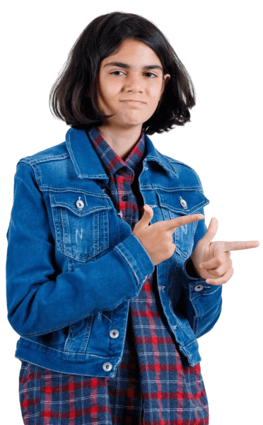 young-girl-pointing-left-with-index-fingers-checked-shirt-jean-jacket-looking-cute-front-view