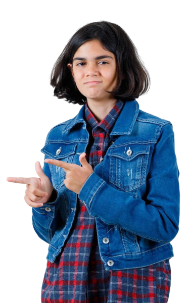 young-girl-pointing-left-with-index-fingers-checked-shirt-jean-jacket-looking-cute-front-view111